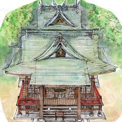 ボールペンで線を引き、透明水彩で着色した神社の絵