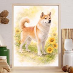 うちの子「やまと」水彩画風ペットアート　ひまわり