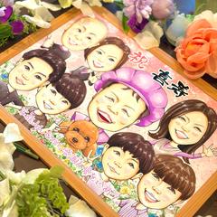 ご家族と愛犬に囲まれた喜寿祝いの似顔絵