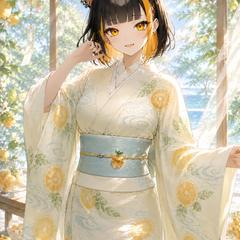 夏着物×レモン色(オレンジ柄)｜季節の衣装アレンジ