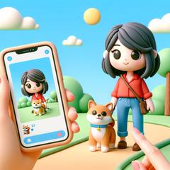 スマホ越しに女性と柴犬を見る