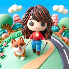 女性と柴犬惑星の上