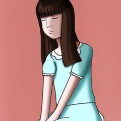 眼を瞑って座る少女  デジタルイラスト線画に着彩 女の子