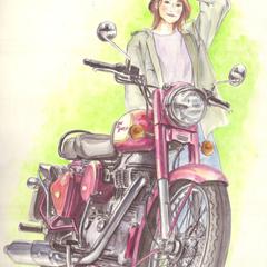 バイク女子水彩イラスト