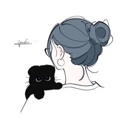 優しく子猫を抱く、静かな女性の後ろ姿♡