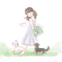 女の子とペットのチワワたち