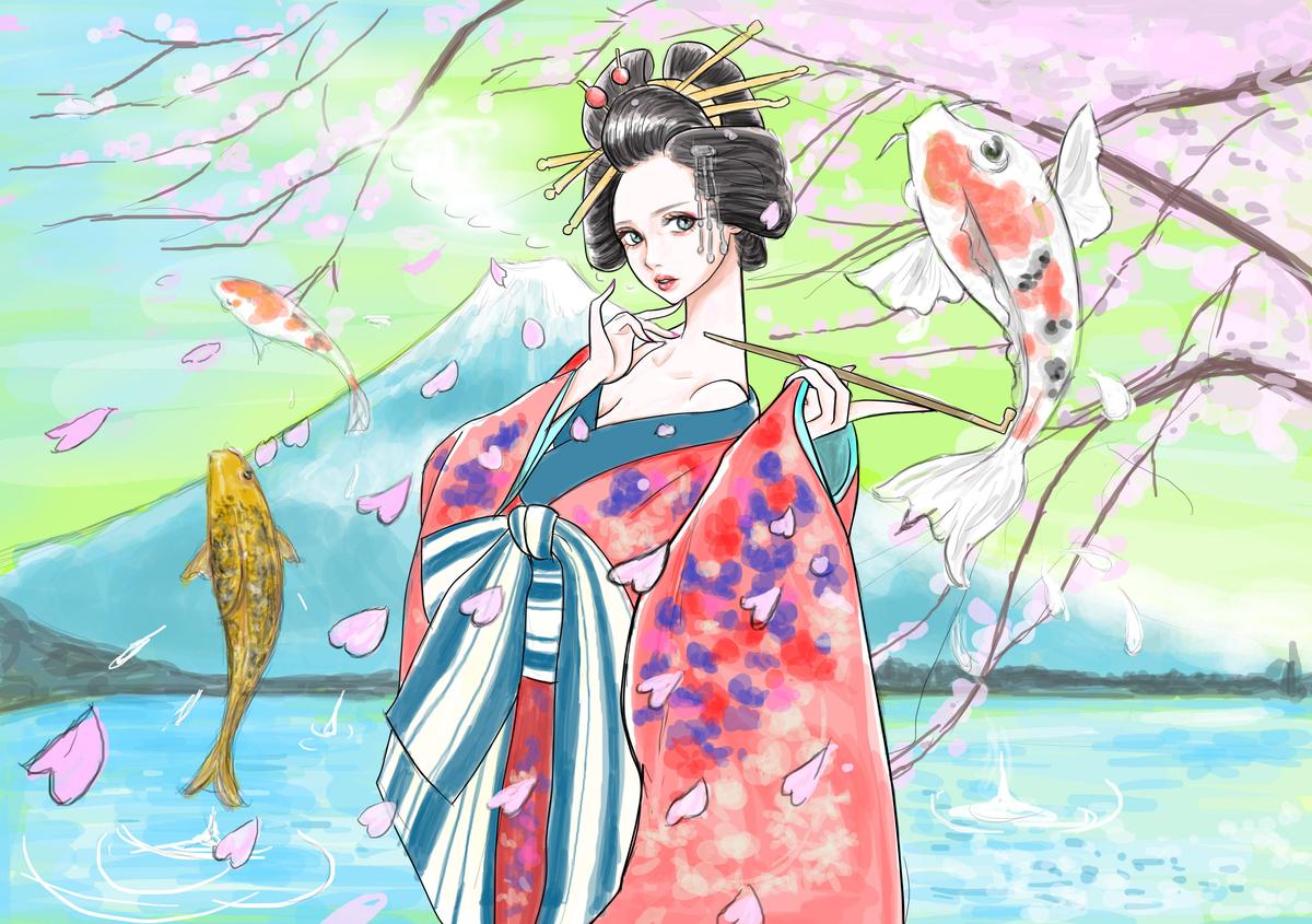 花魁の人物 桜 鯉 富士山等の背景イラスト Eyenesterneさん イラストレーター のポートフォリオ ココナラ