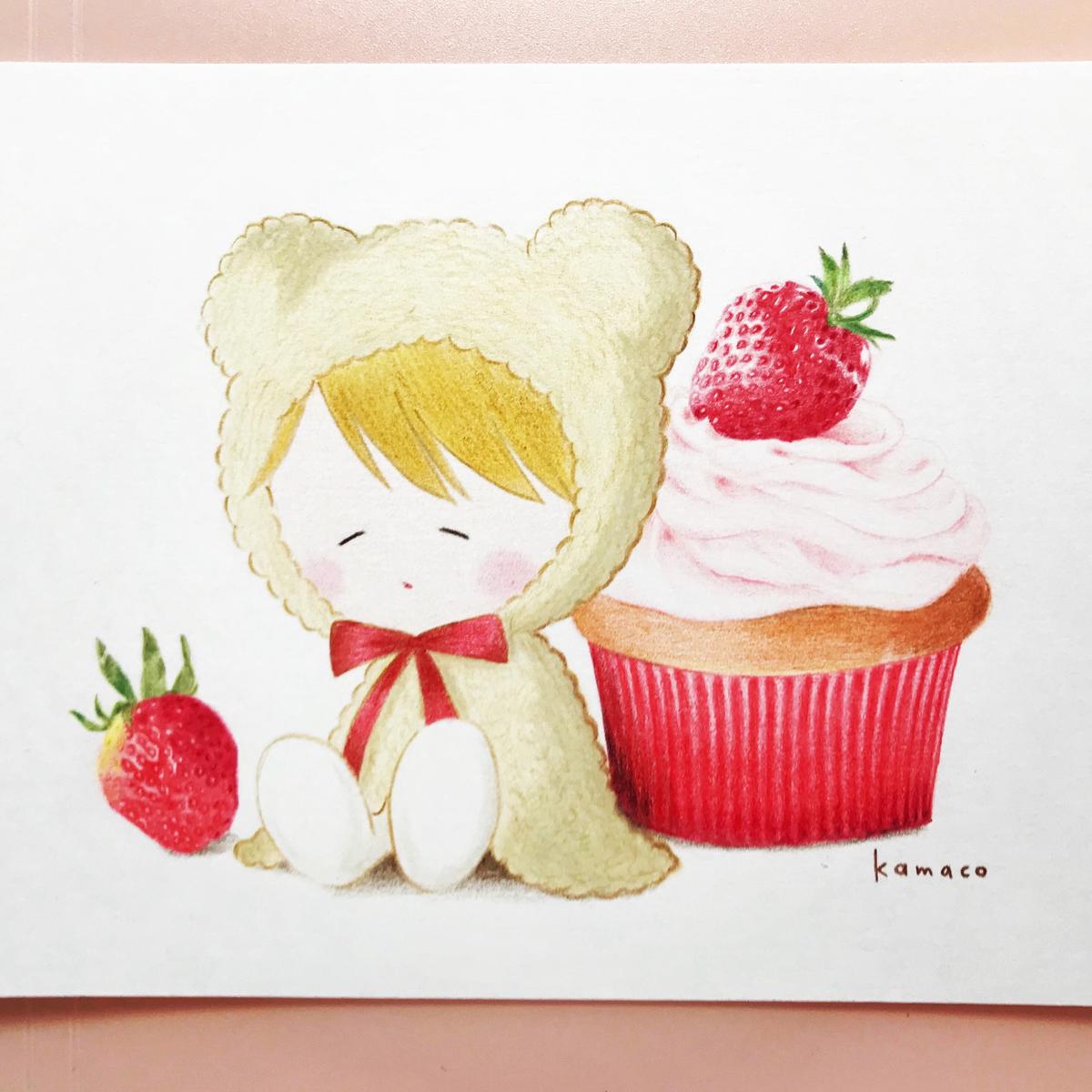 うたたねいちごカップケーキ Kamaco色鉛筆画さん イラストレーター 絵本作家志望のママ のポートフォリオ ココナラ